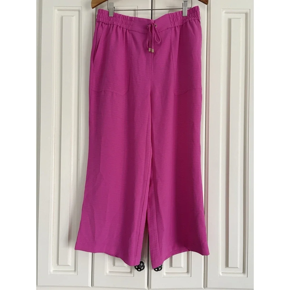 MICHAEL Michael Kors Pink Cropped Wide Leg Resort Pants Drawstring Med NWT - Picture 2 of 10